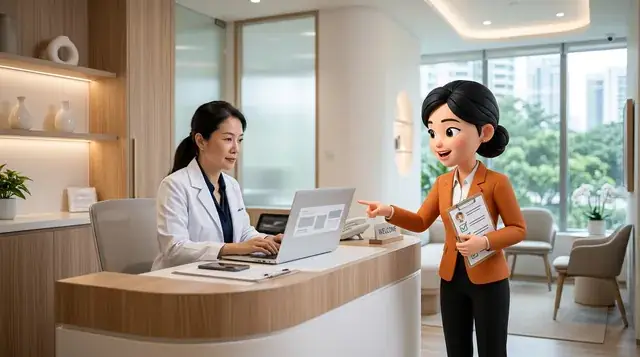 A Kopi Pixel helper checking a clinic website with the doctor (AI image)