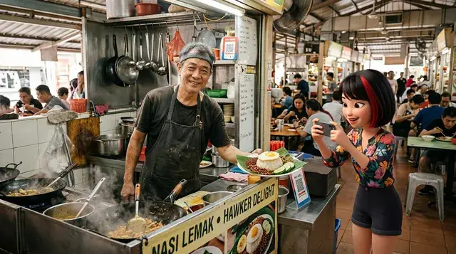 Chloe photographing a hawker uncle's nasi lemak for social media (AI image)