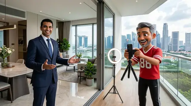 Uncle Din filming a property video tour with an agent (AI image)