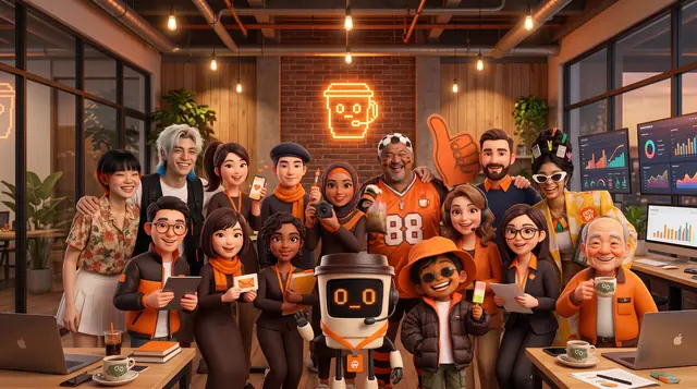 All Kopi Pixel department managers and the Kopi Crew in the Kopi Pixel office (AI image)