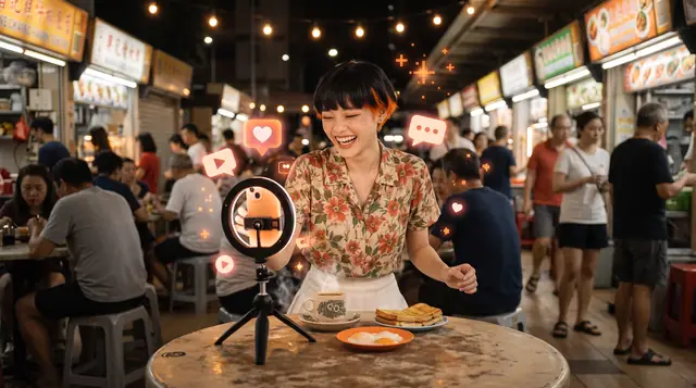 Chloe vlogging at a hawker centre (AI image)