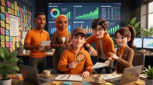The SEO team reviewing rankings and keyword research (AI image)
